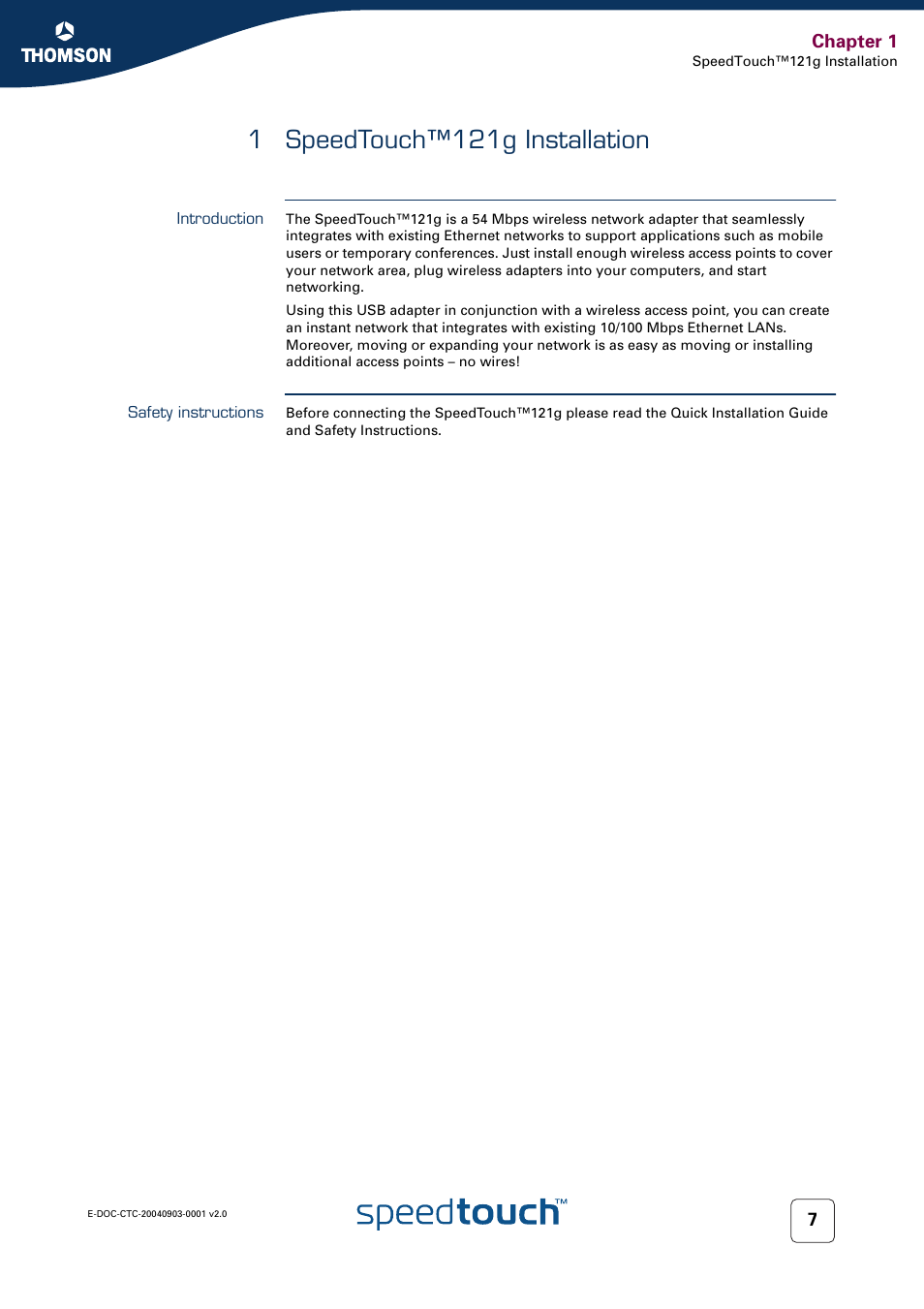 1 speedtouch™121g installation, Introduction, Safety instructions | Speedtouch™121g installation | Technicolor - Thomson SpeedTouch 121g User Manual | Page 9 / 28