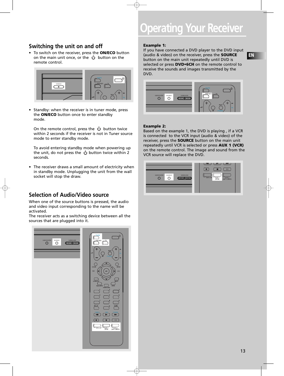 Operating your receiver, Switching the unit on and off, Selection of audio/video source | Technicolor - Thomson DPL680 User Manual | Page 16 / 28