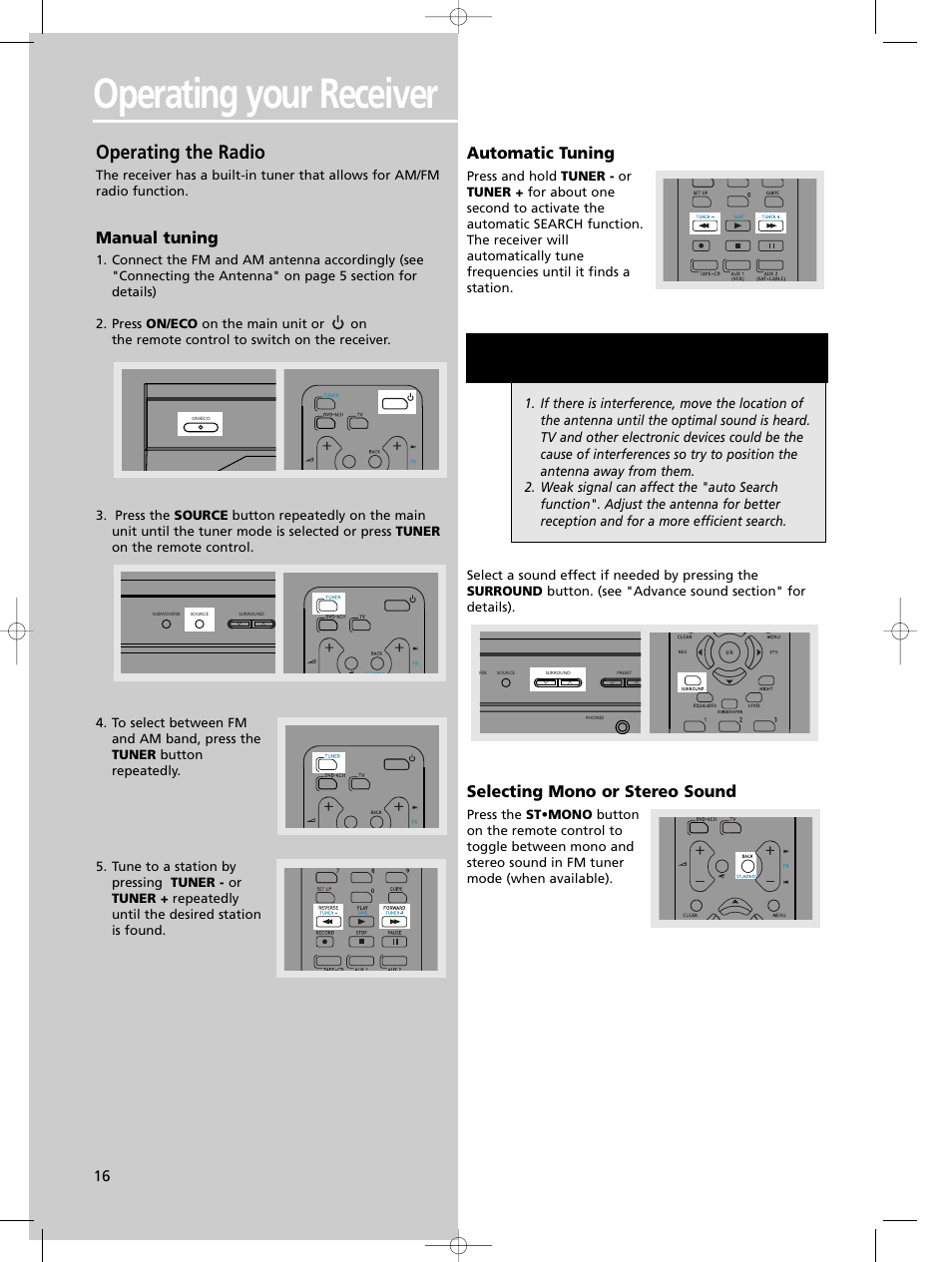 Operating your receiver, Operating the radio, Manual tuning | Automatic tuning, Selecting mono or stereo sound | Technicolor - Thomson DPL680 User Manual | Page 19 / 28