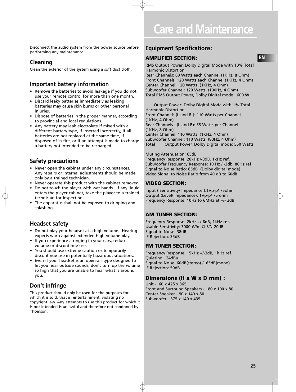 Care and maintenance, Cleaning, Important battery information | Safety precautions, Headset safety, Don’t infringe, Equipment specifications | Technicolor - Thomson DPL680 User Manual | Page 28 / 28