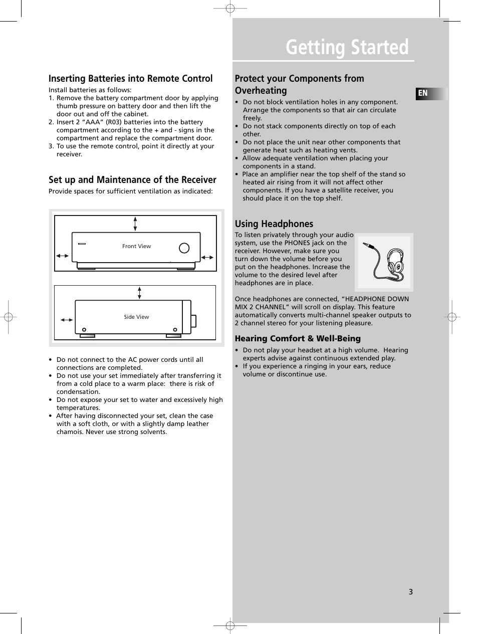Getting started, Inserting batteries into remote control, Set up and maintenance of the receiver | Protect your components from overheating, Using headphones | Technicolor - Thomson DPL680 User Manual | Page 6 / 28