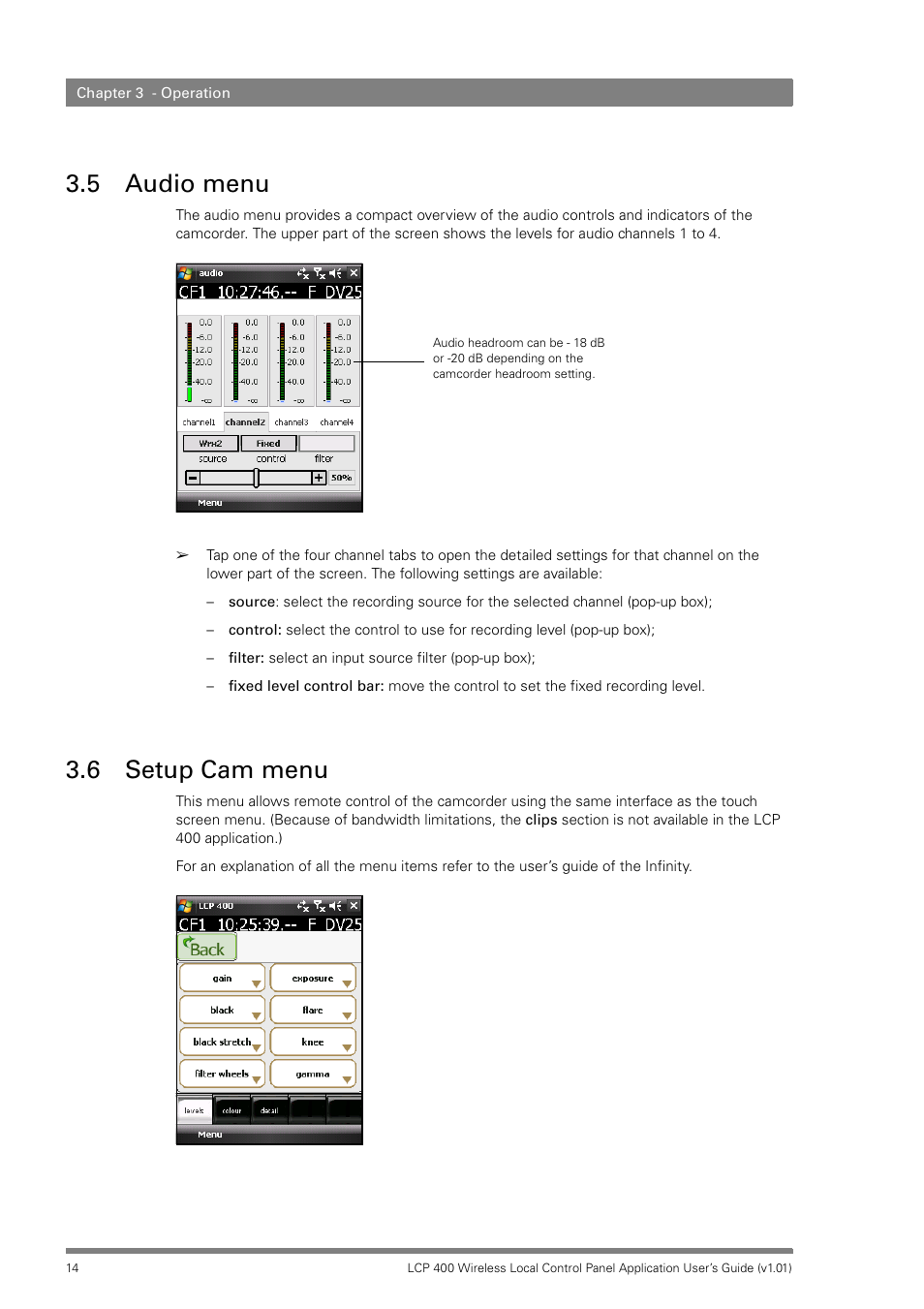 5 audio menu, 6 setup cam menu, Audio menu | Setup cam menu | Technicolor - Thomson LCP 400 User Manual | Page 14 / 22