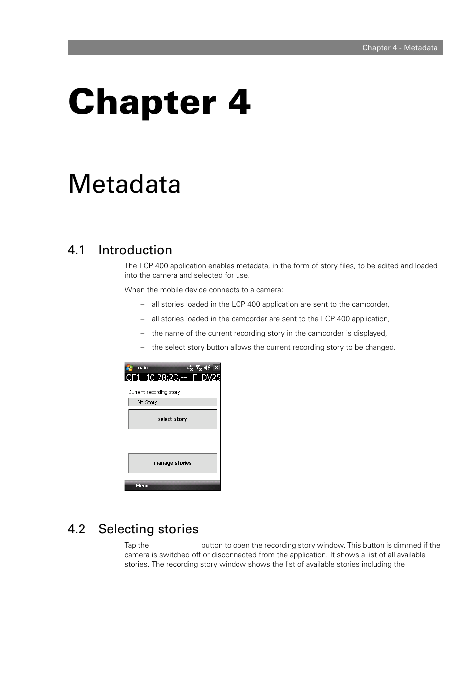 Metadata, 1 introduction, 2 selecting stories | Chapter 4 – metadata, Introduction, Selecting stories, Chapter 4 | Technicolor - Thomson LCP 400 User Manual | Page 17 / 22