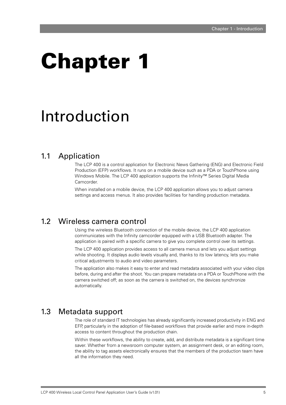 Introduction, 1 application, 2 wireless camera control | 3 metadata support, Chapter 1 – introduction, Application, Wireless camera control, Metadata support, Chapter 1 | Technicolor - Thomson LCP 400 User Manual | Page 5 / 22