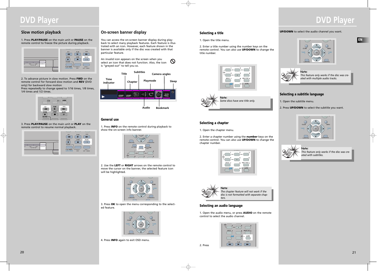 Dvd player, Z z z, Slow motion playback | On-screen banner display, Selecting a title, Selecting a chapter, Selecting an audio language, Selecting a subtitle language, General use | Technicolor - Thomson DPL907VD User Manual | Page 2 / 6