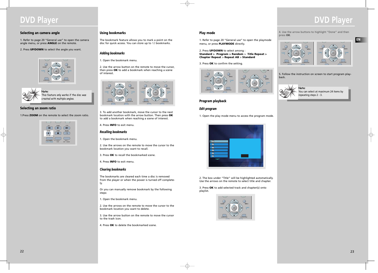 Dvd player, Selecting an camera angle, Selecting an zoom ratio | Using bookmarks, Adding bookmarks, Recalling bookmarks, Clearing bookmarks, Play mode, Program playback edit program | Technicolor - Thomson DPL907VD User Manual | Page 3 / 6