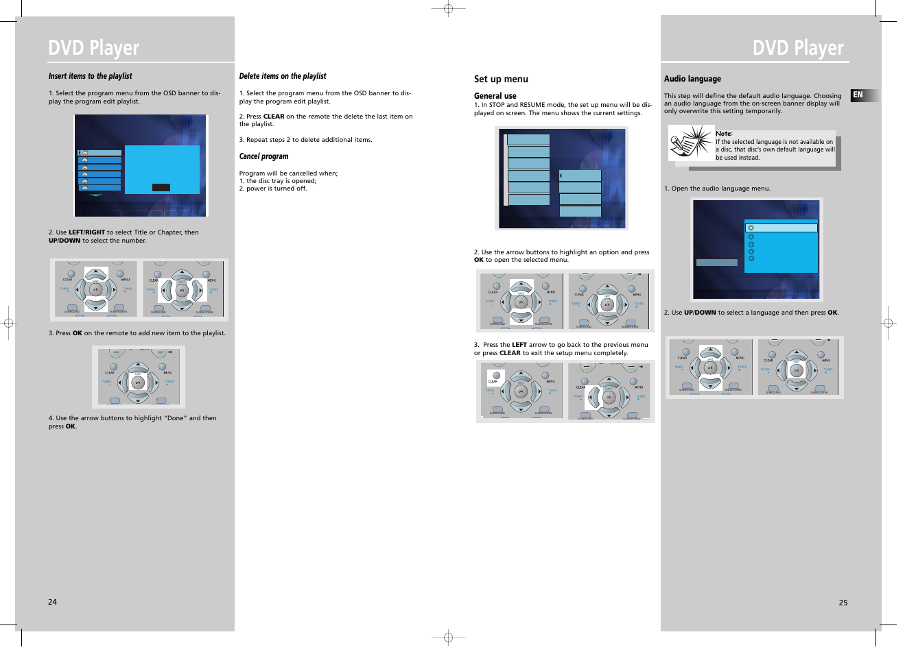 Dvd player, Set up menu, Insert items to the playlist | Delete items on the playlist, Cancel program, General use, Audio language | Technicolor - Thomson DPL907VD User Manual | Page 4 / 6