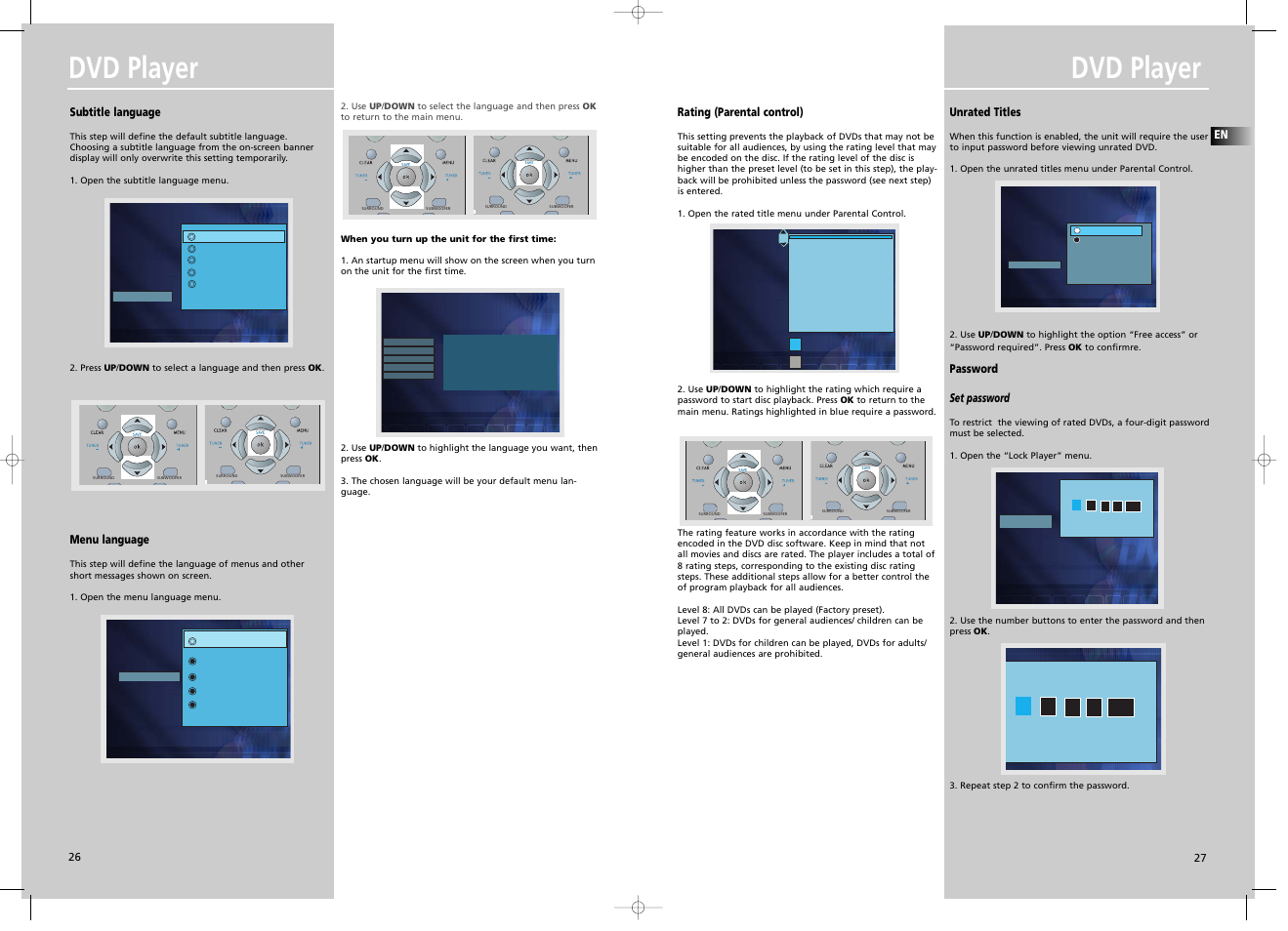 Dvd player, Subtitle language, Menu language | Rating (parental control), Unrated titles, Password set password | Technicolor - Thomson DPL907VD User Manual | Page 5 / 6