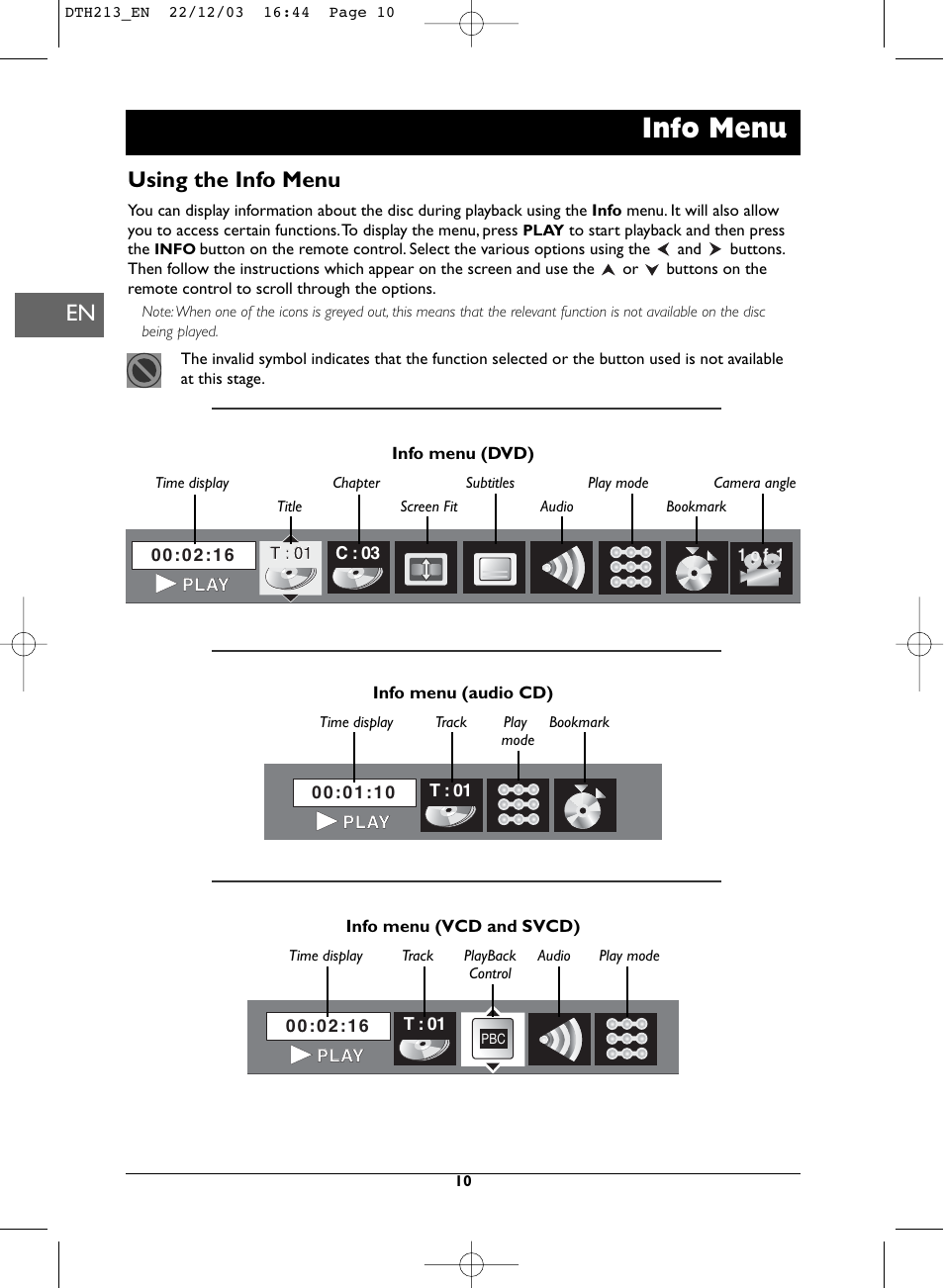 Info menu, Using the info menu | Technicolor - Thomson DVD Player +TV Set User Manual | Page 10 / 25