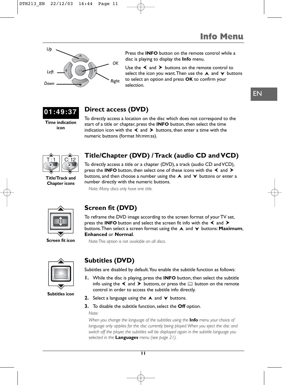 Info menu, Direct access (dvd), Title/chapter (dvd) / track (audio cd and vcd) | Screen fit (dvd), Subtitles (dvd) | Technicolor - Thomson DVD Player +TV Set User Manual | Page 11 / 25