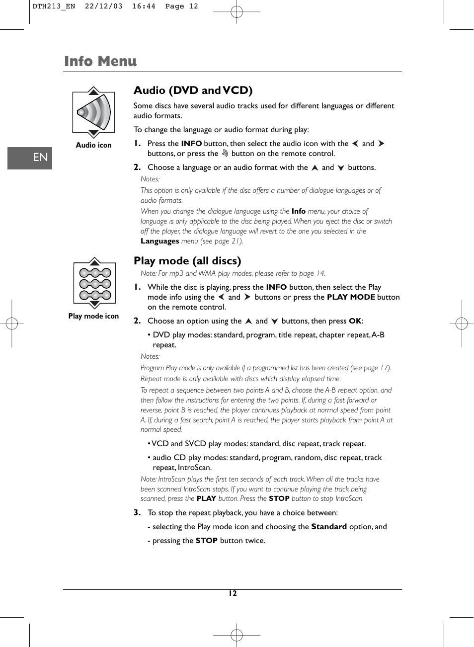 Info menu, Audio (dvd and vcd), Play mode (all discs) | Technicolor - Thomson DVD Player +TV Set User Manual | Page 12 / 25