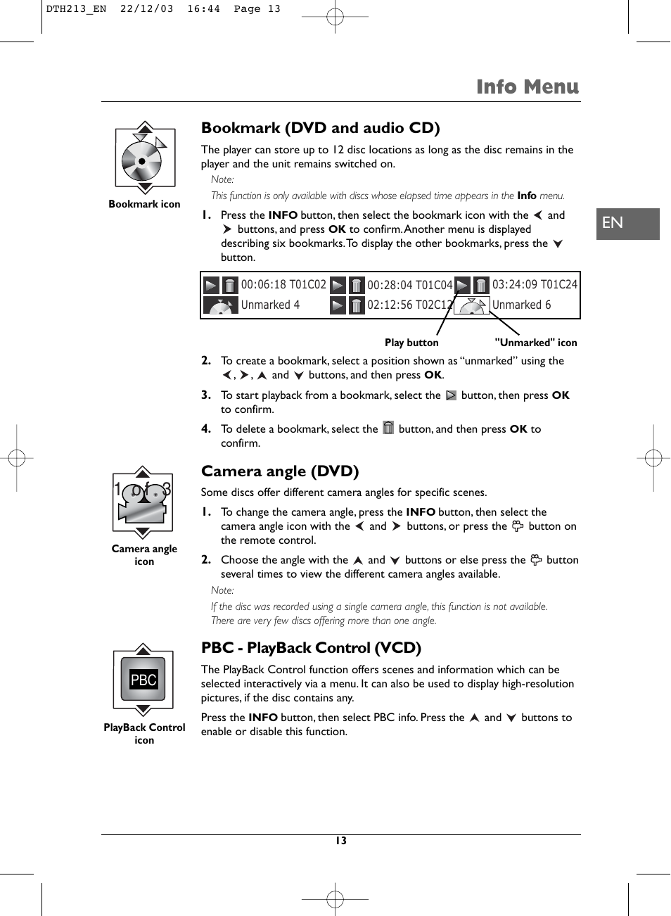 Info menu, 1 o f 3, Bookmark (dvd and audio cd) | Camera angle (dvd), Pbc - playback control (vcd) | Technicolor - Thomson DVD Player +TV Set User Manual | Page 13 / 25