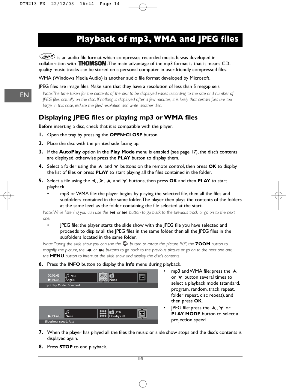 Playback of mp3, wma and jpeg files, Displaying jpeg files or playing mp3 or wma files | Technicolor - Thomson DVD Player +TV Set User Manual | Page 14 / 25