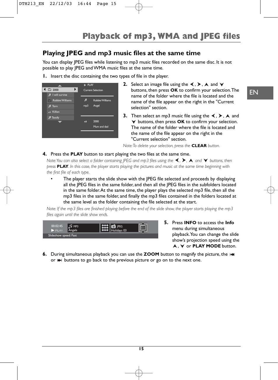 Playback of mp3, wma and jpeg files, Playing jpeg and mp3 music files at the same time | Technicolor - Thomson DVD Player +TV Set User Manual | Page 15 / 25