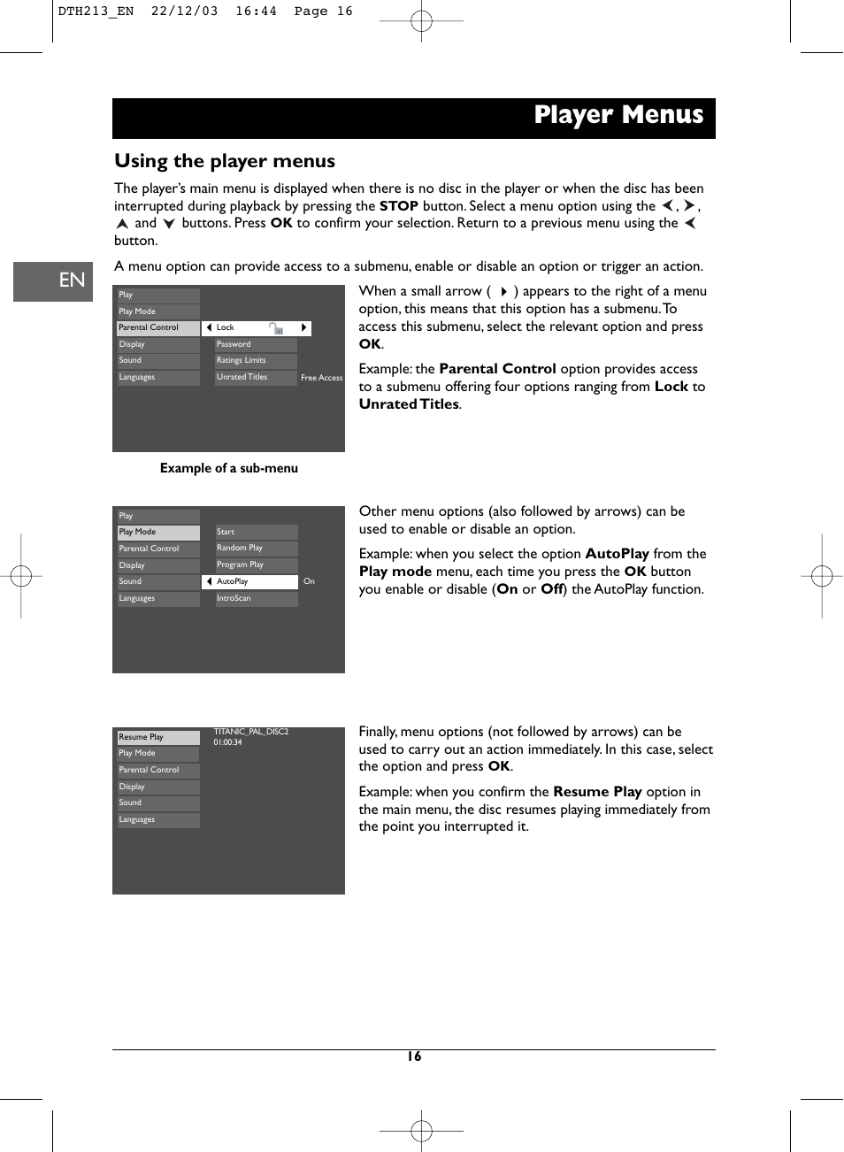 Player menus, Using the player menus | Technicolor - Thomson DVD Player +TV Set User Manual | Page 16 / 25