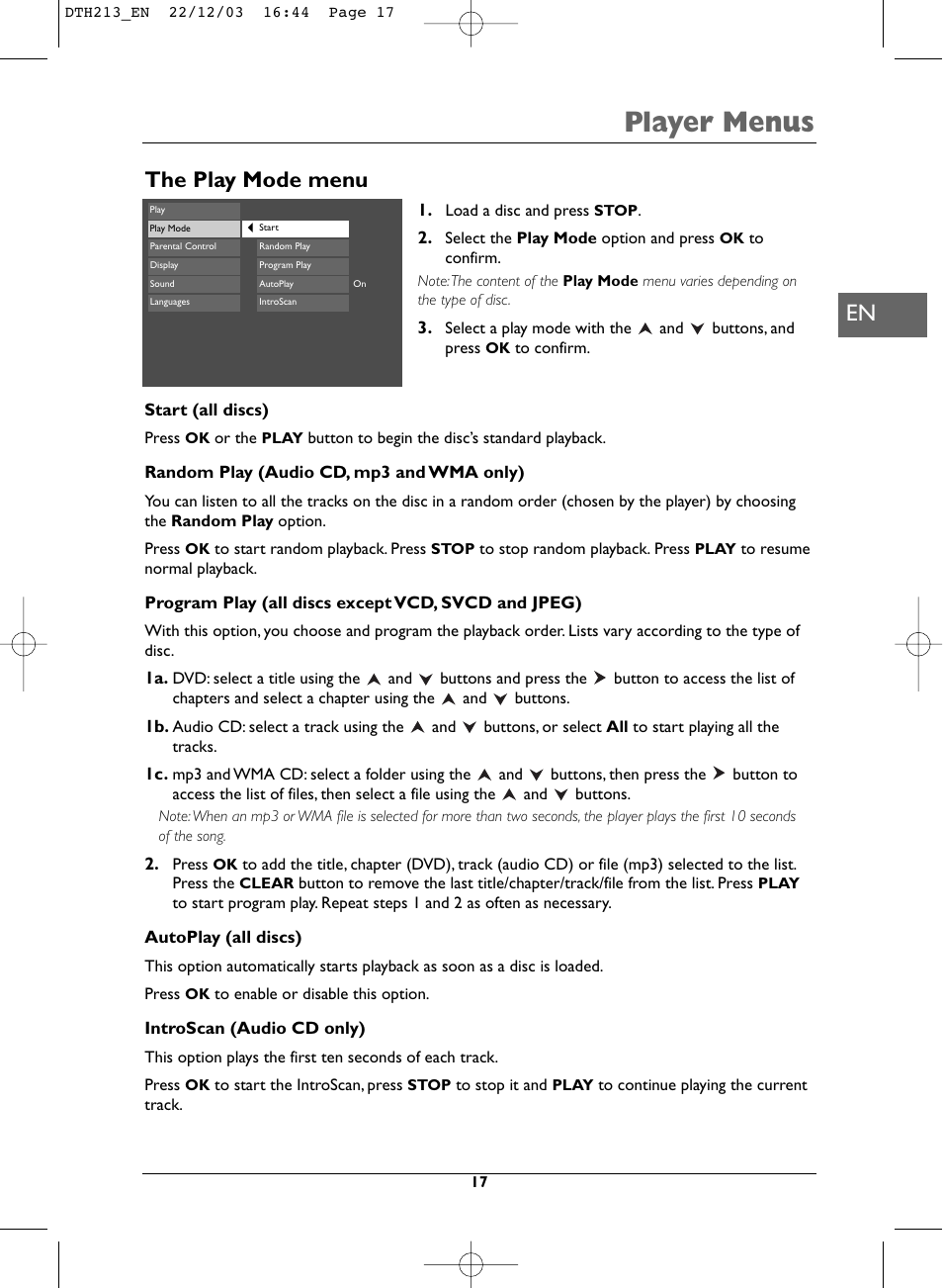 Player menus, The play mode menu | Technicolor - Thomson DVD Player +TV Set User Manual | Page 17 / 25