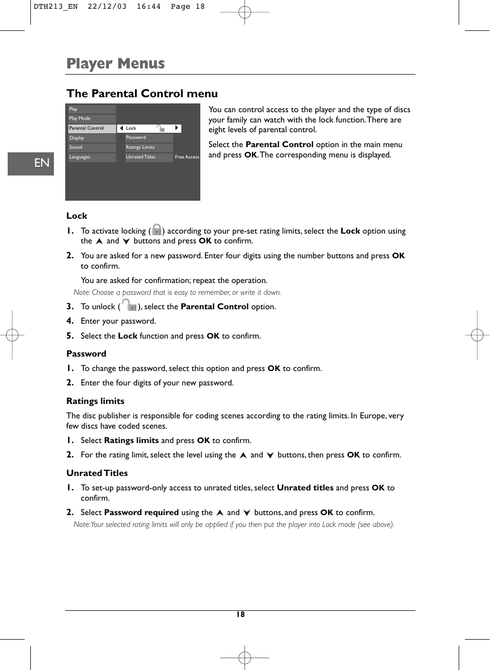 Player menus, The parental control menu | Technicolor - Thomson DVD Player +TV Set User Manual | Page 18 / 25