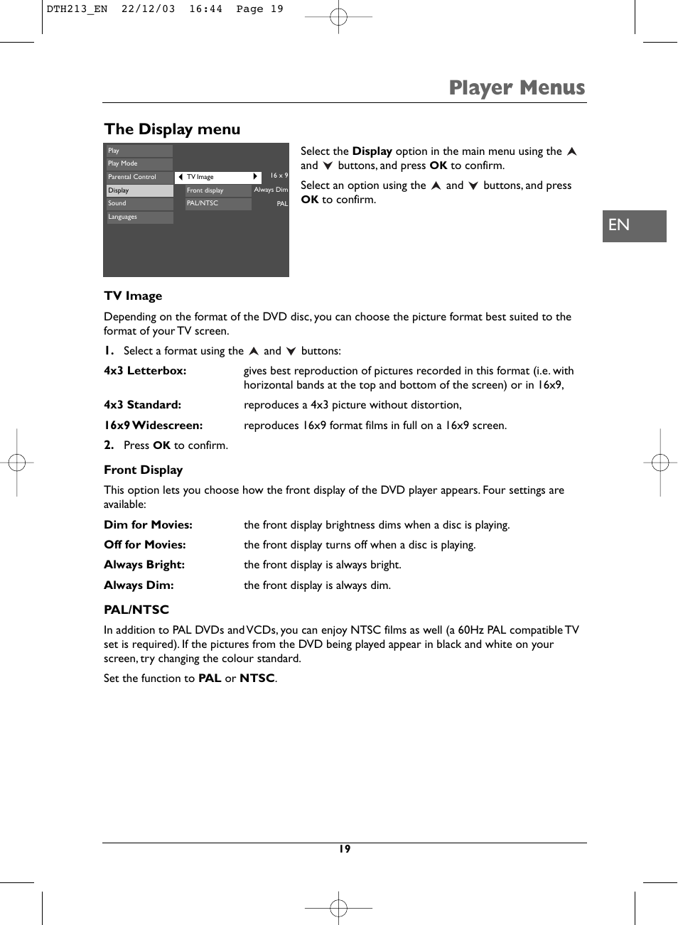 Player menus, The display menu | Technicolor - Thomson DVD Player +TV Set User Manual | Page 19 / 25