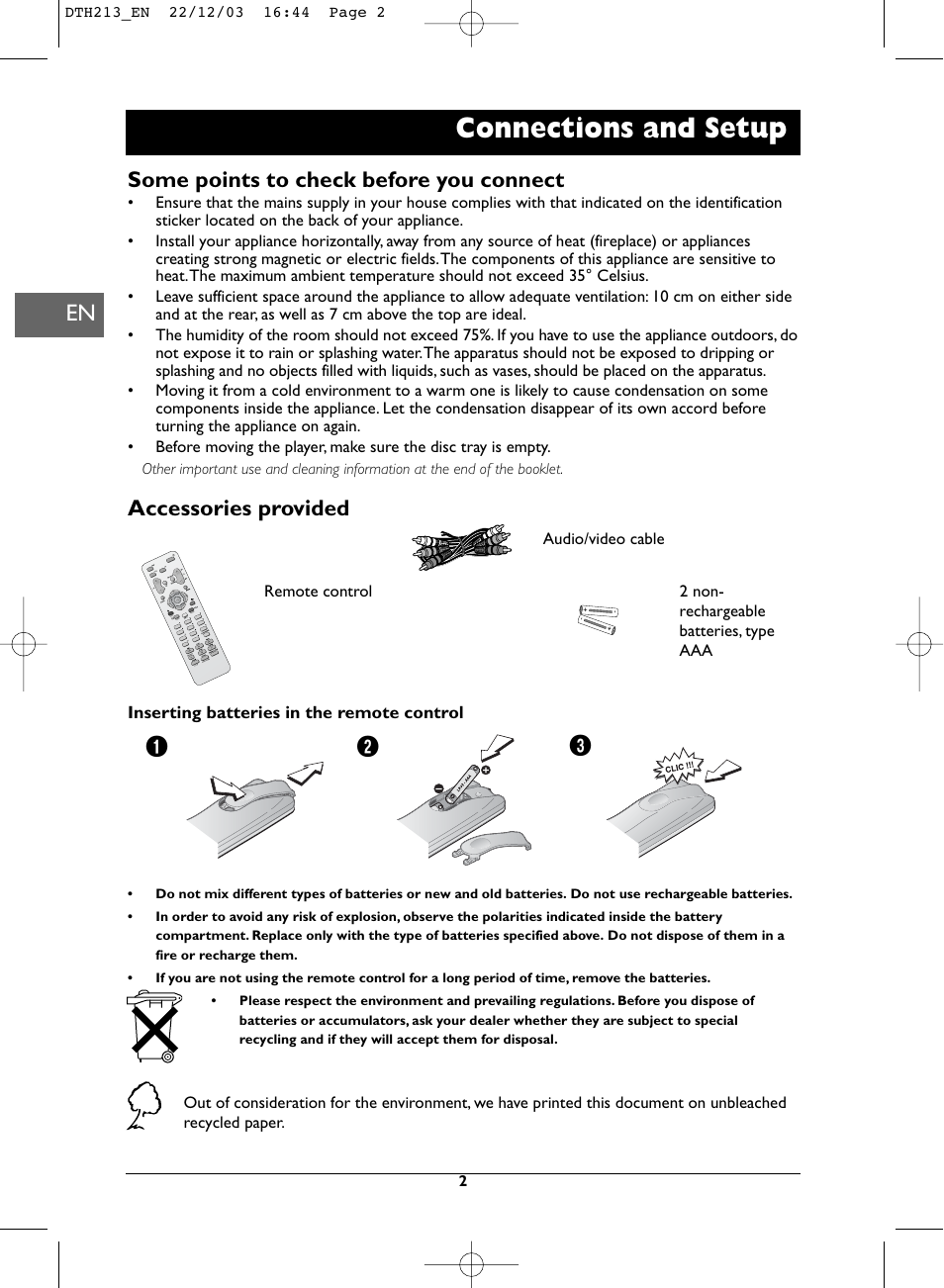Connections and setup, Some points to check before you connect, Accessories provided | Technicolor - Thomson DVD Player +TV Set User Manual | Page 2 / 25