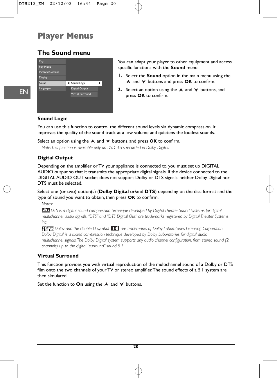 Player menus, The sound menu | Technicolor - Thomson DVD Player +TV Set User Manual | Page 20 / 25