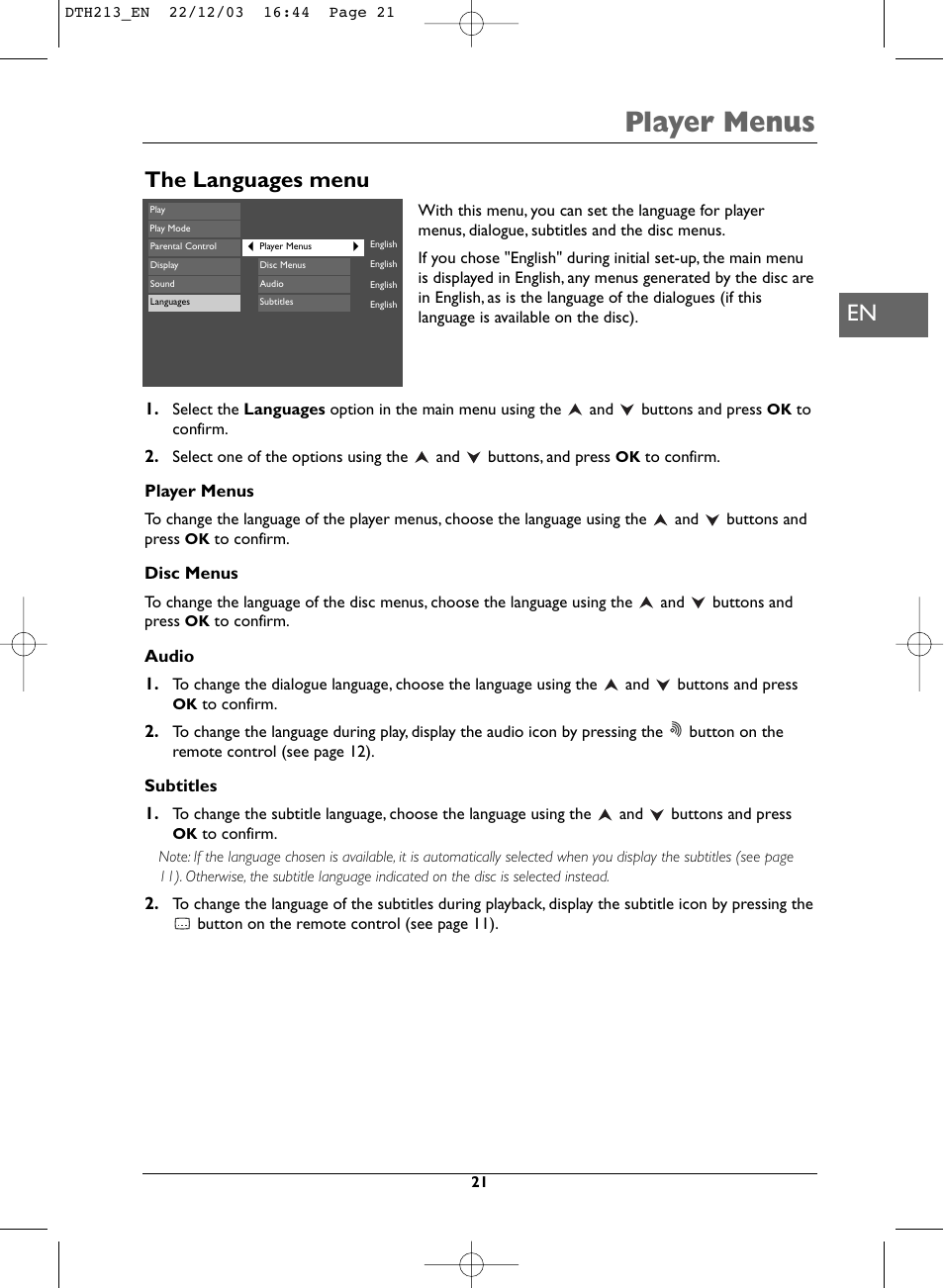 Player menus, The languages menu | Technicolor - Thomson DVD Player +TV Set User Manual | Page 21 / 25