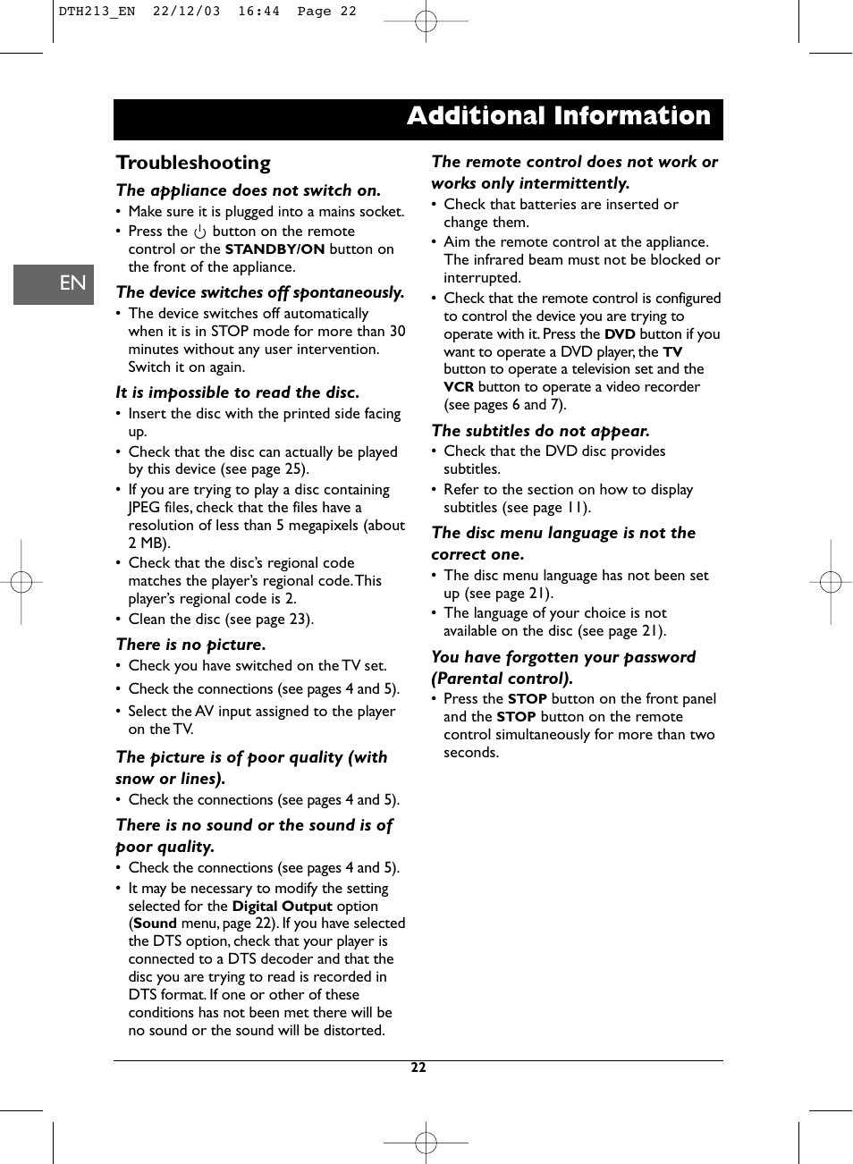 Additional information, Troubleshooting | Technicolor - Thomson DVD Player +TV Set User Manual | Page 22 / 25