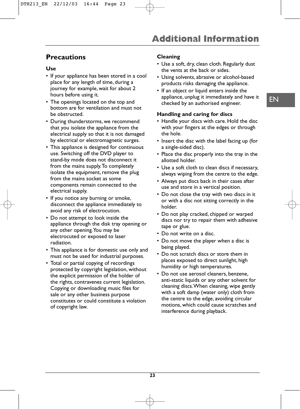 Additional information, Precautions | Technicolor - Thomson DVD Player +TV Set User Manual | Page 23 / 25