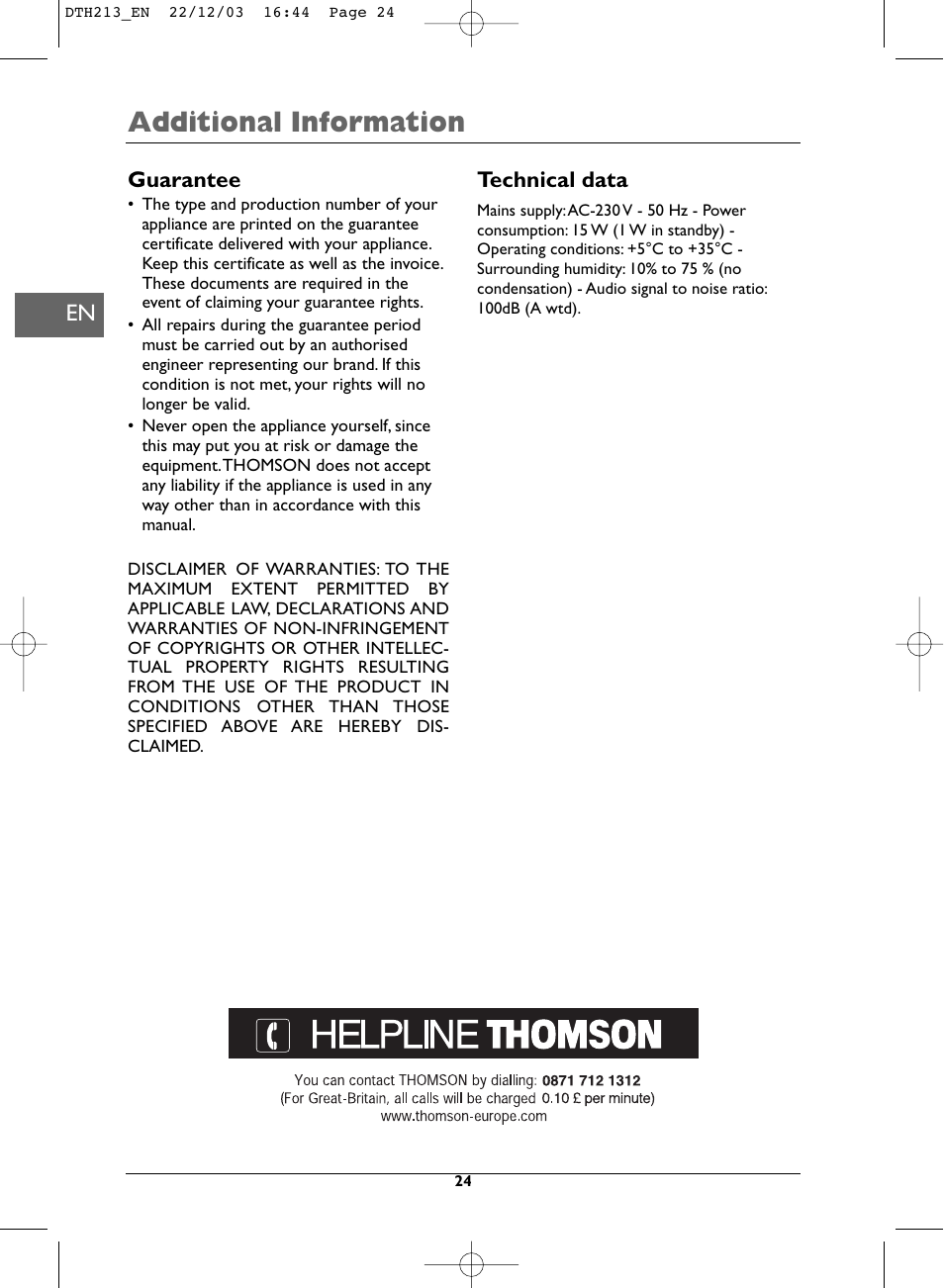 Additional information | Technicolor - Thomson DVD Player +TV Set User Manual | Page 24 / 25