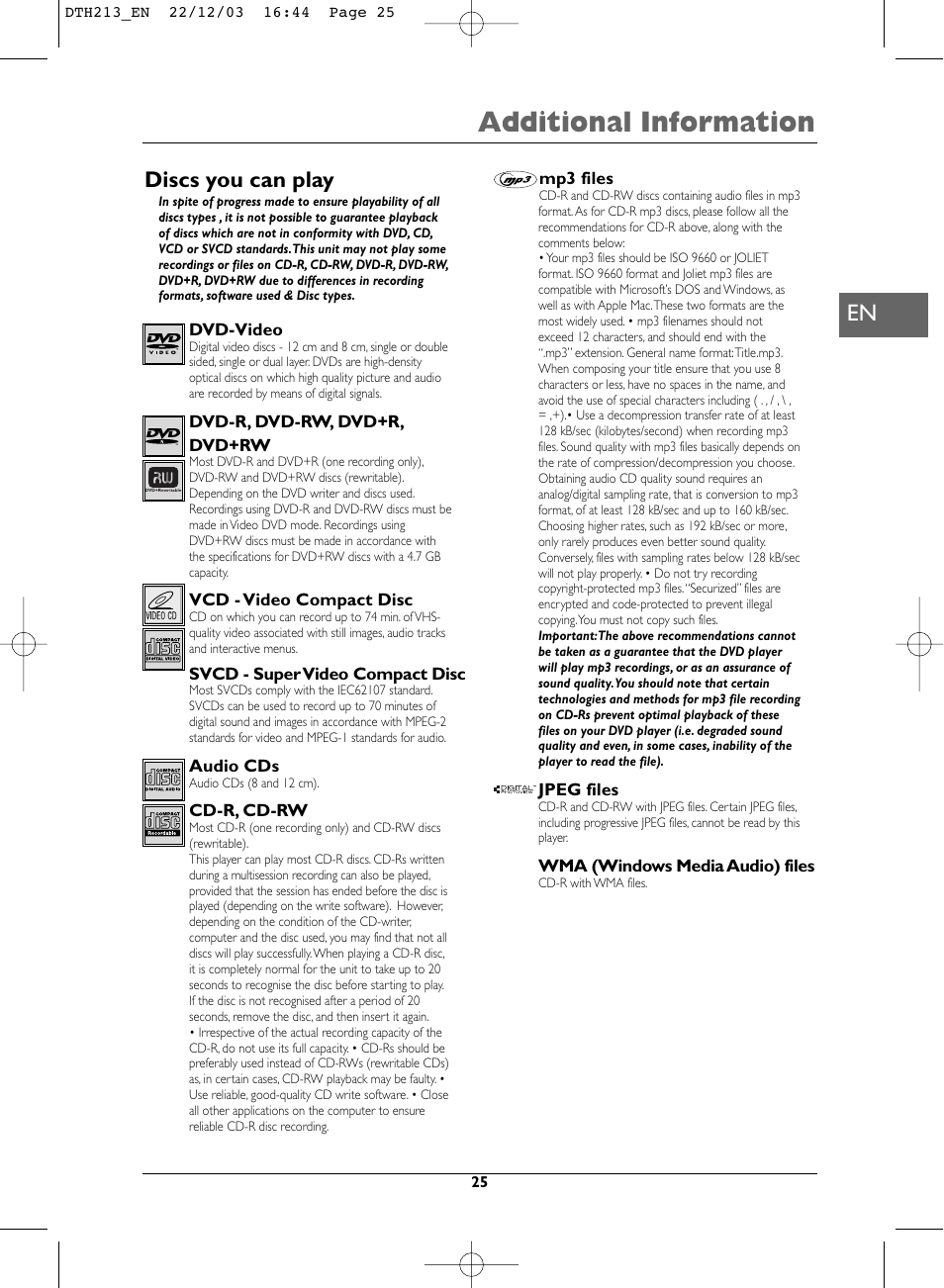 Additional information, Discs you can play | Technicolor - Thomson DVD Player +TV Set User Manual | Page 25 / 25