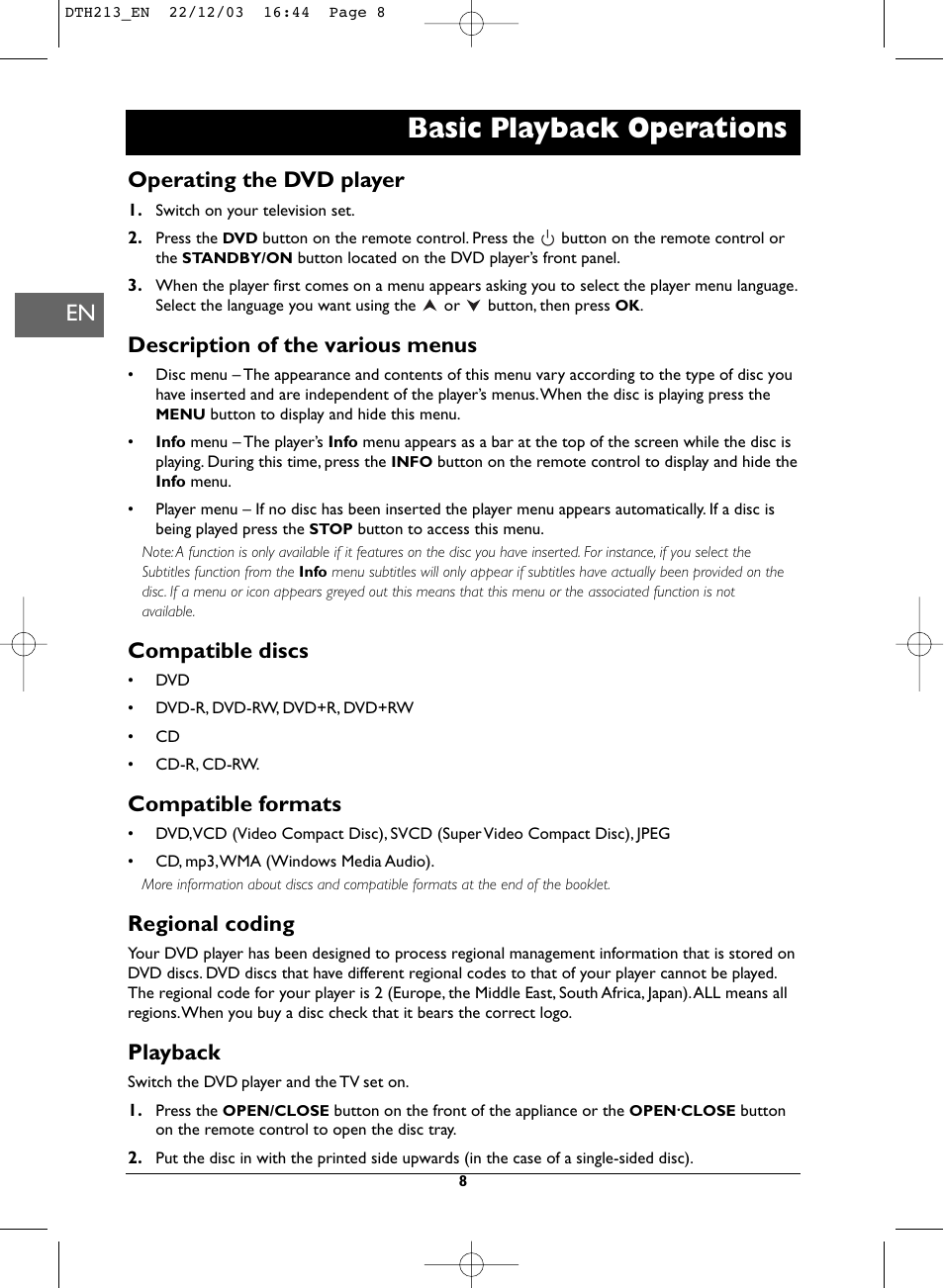 Basic playback operations, Operating the dvd player, Description of the various menus | Compatible discs, Compatible formats, Regional coding, Playback | Technicolor - Thomson DVD Player +TV Set User Manual | Page 8 / 25