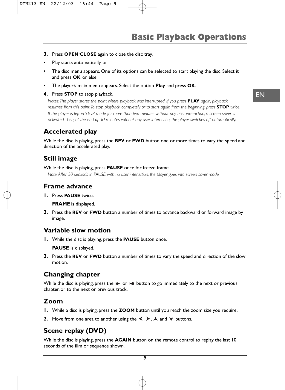 Basic playback operations, Accelerated play, Still image | Frame advance, Variable slow motion, Changing chapter, Zoom, Scene replay (dvd) | Technicolor - Thomson DVD Player +TV Set User Manual | Page 9 / 25