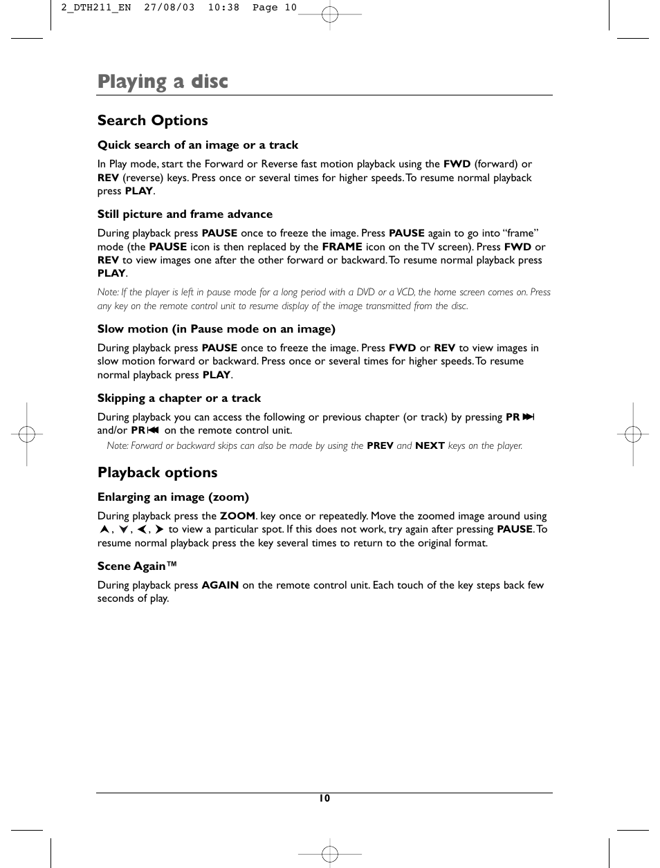 Playing a disc, Search options, Playback options | Technicolor - Thomson DTH211 User Manual | Page 10 / 29