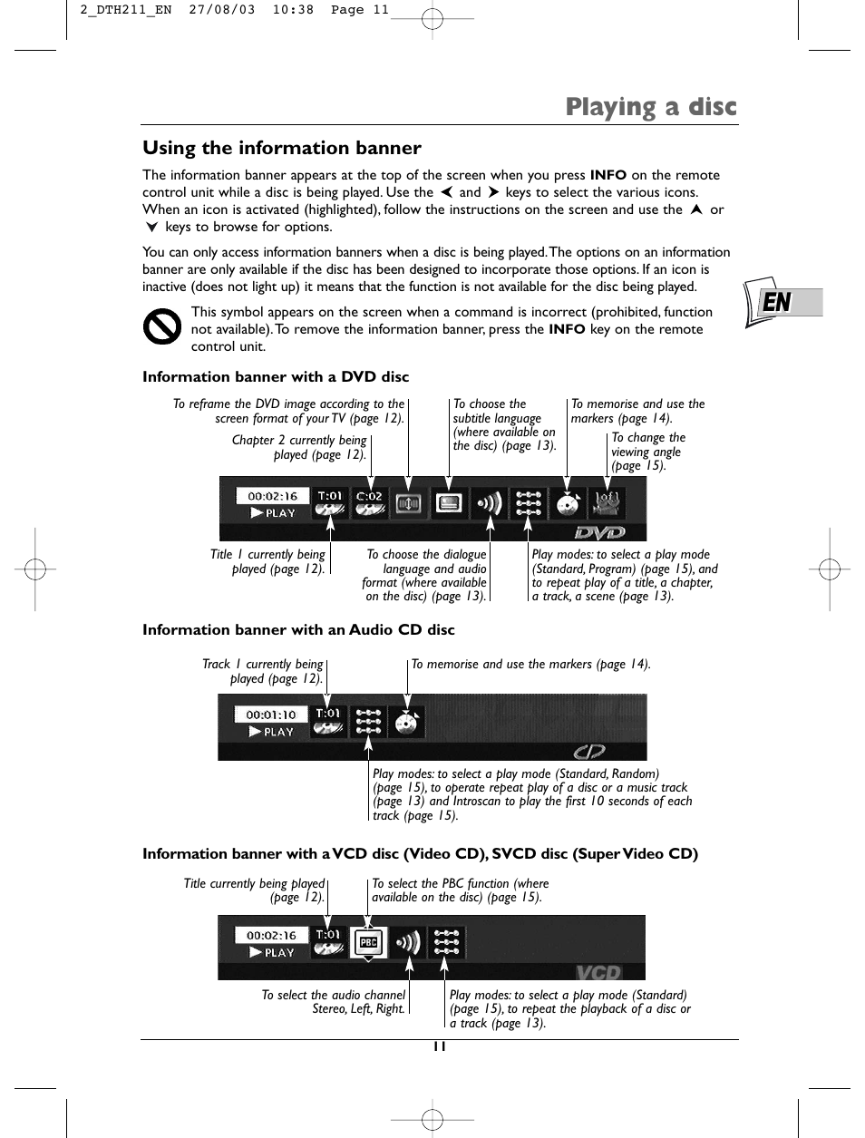 Playing a disc, Using the information banner | Technicolor - Thomson DTH211 User Manual | Page 11 / 29