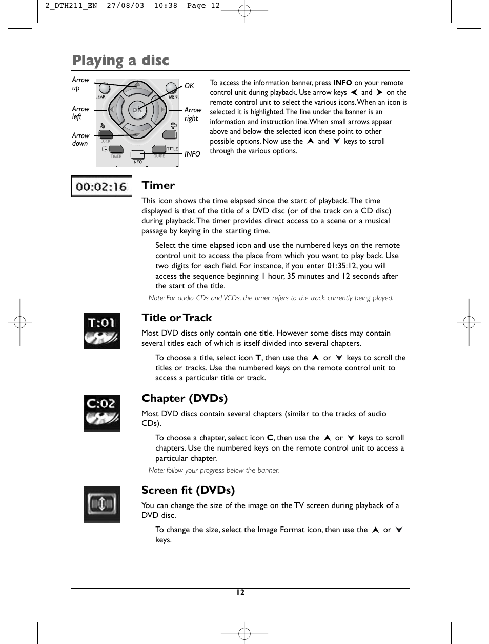 Playing a disc, Timer, Title or track | Chapter (dvds), Screen fit (dvds) | Technicolor - Thomson DTH211 User Manual | Page 12 / 29