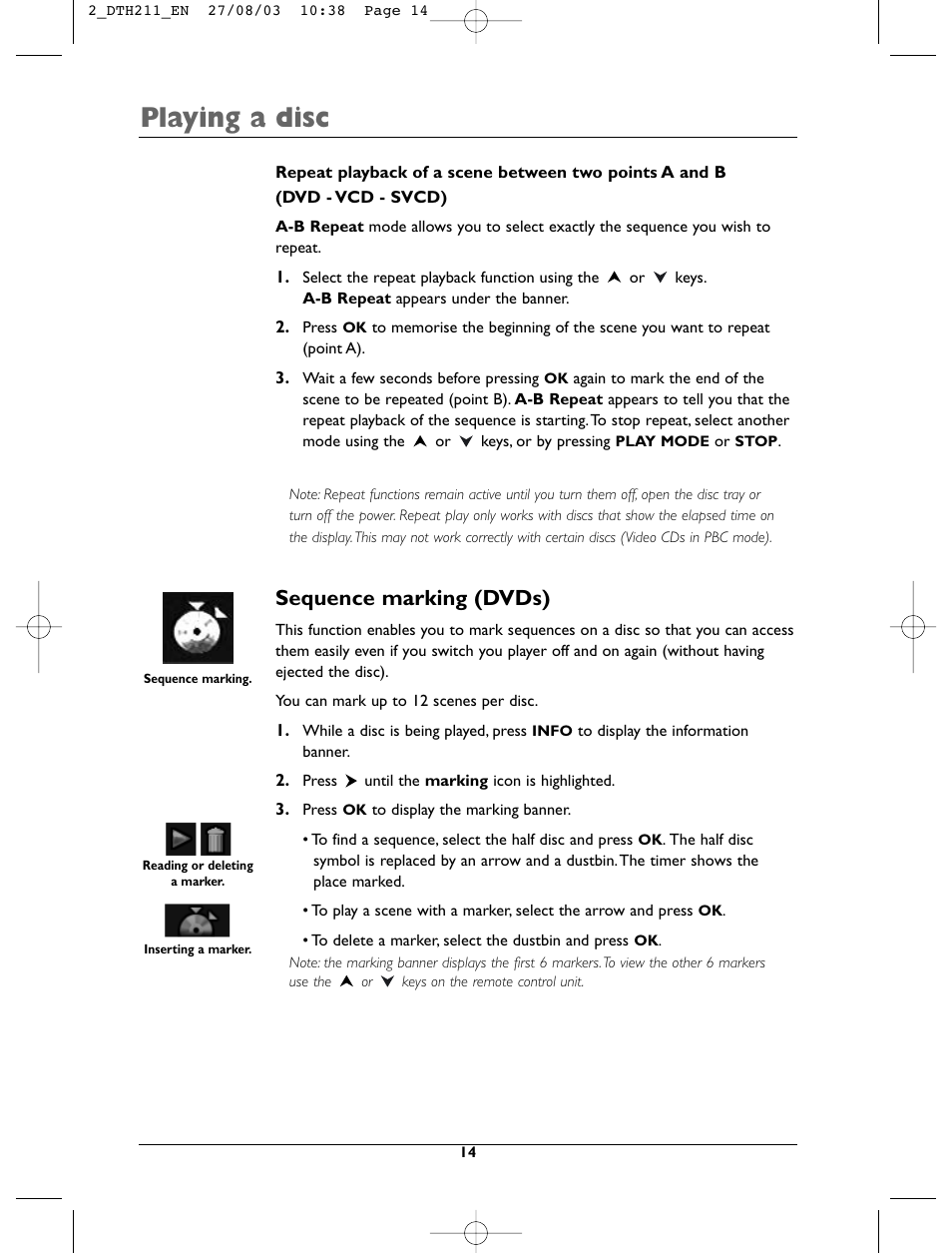 Playing a disc, Sequence marking (dvds) | Technicolor - Thomson DTH211 User Manual | Page 14 / 29