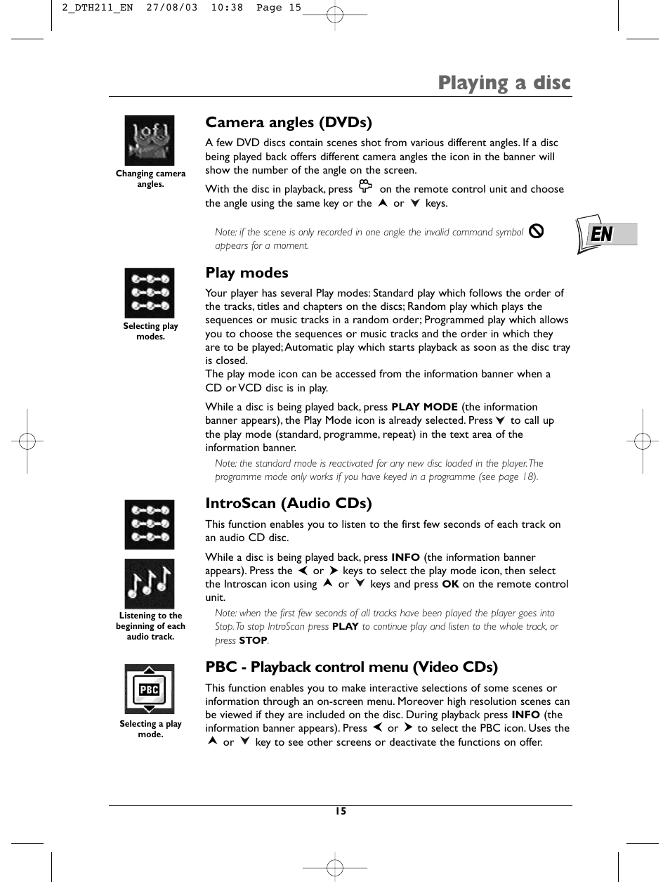 Playing a disc, Camera angles (dvds), Play modes | Introscan (audio cds), Pbc - playback control menu (video cds) | Technicolor - Thomson DTH211 User Manual | Page 15 / 29