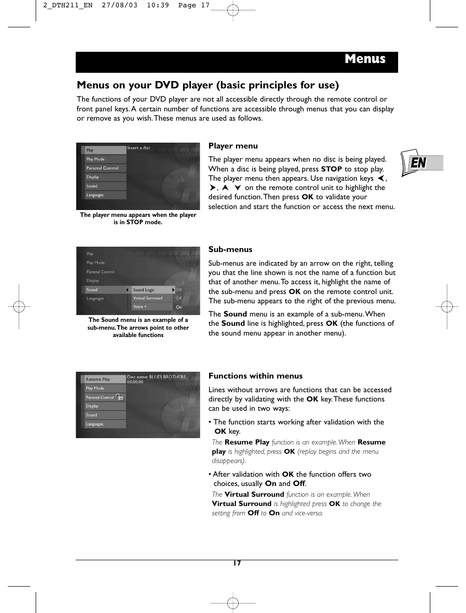 Menus | Technicolor - Thomson DTH211 User Manual | Page 17 / 29