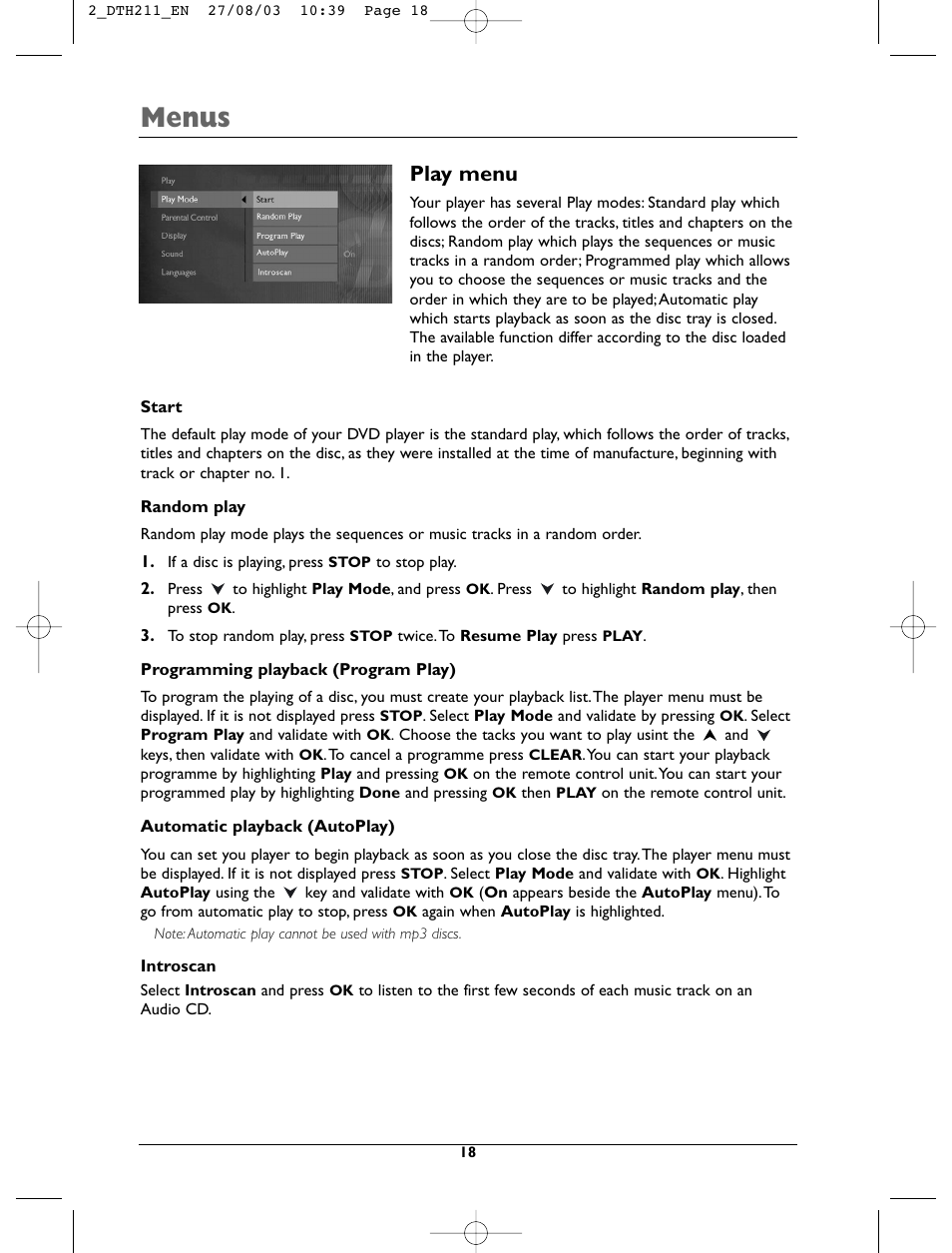 Menus, Play menu | Technicolor - Thomson DTH211 User Manual | Page 18 / 29