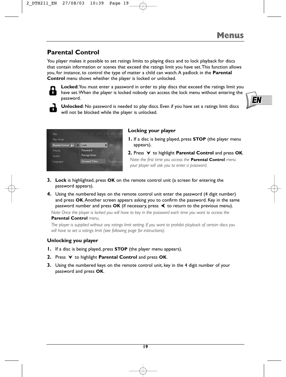 Menus, Parental control | Technicolor - Thomson DTH211 User Manual | Page 19 / 29