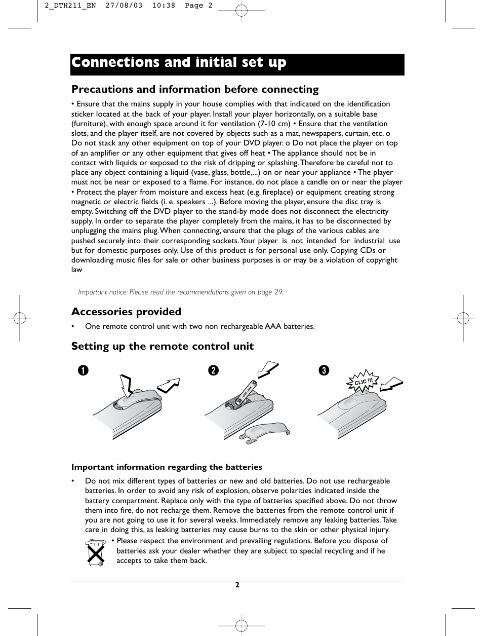 Connections and initial set up | Technicolor - Thomson DTH211 User Manual | Page 2 / 29