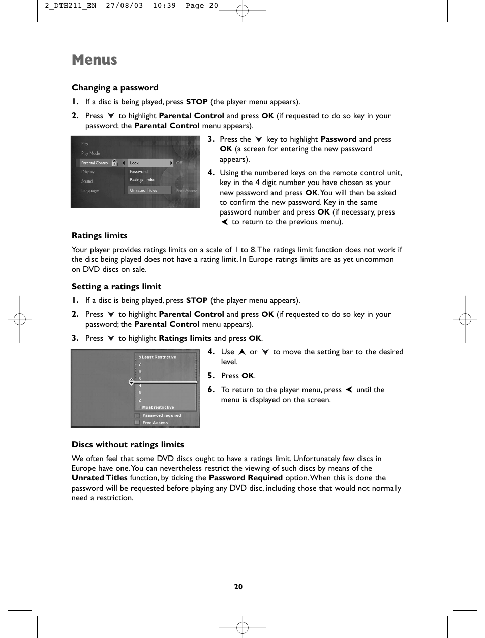 Menus | Technicolor - Thomson DTH211 User Manual | Page 20 / 29