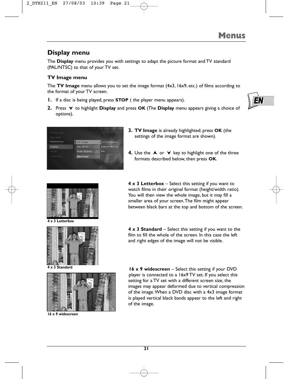Menus, Display menu | Technicolor - Thomson DTH211 User Manual | Page 21 / 29