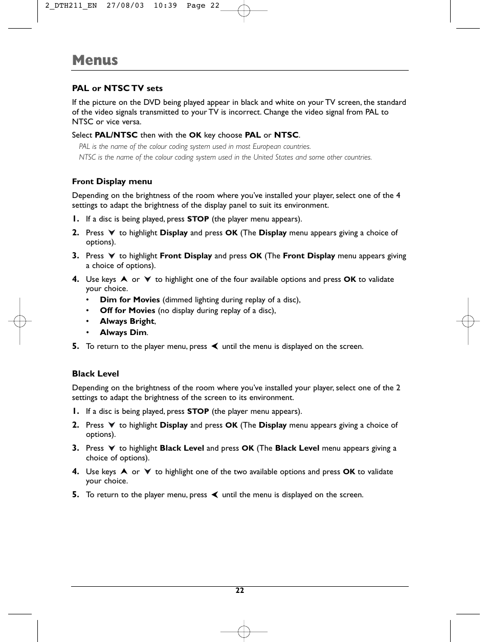 Menus | Technicolor - Thomson DTH211 User Manual | Page 22 / 29