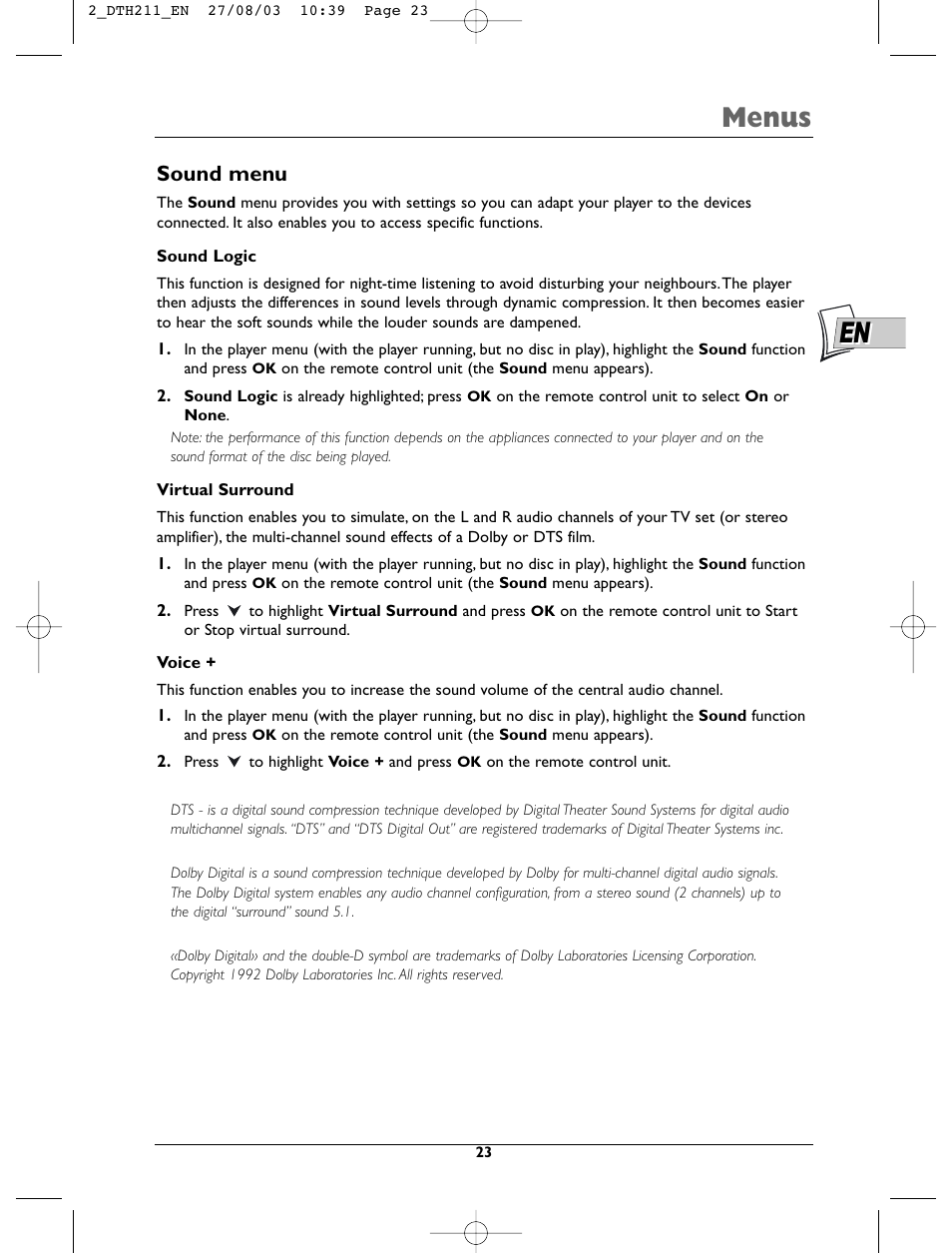 Menus, Sound menu | Technicolor - Thomson DTH211 User Manual | Page 23 / 29