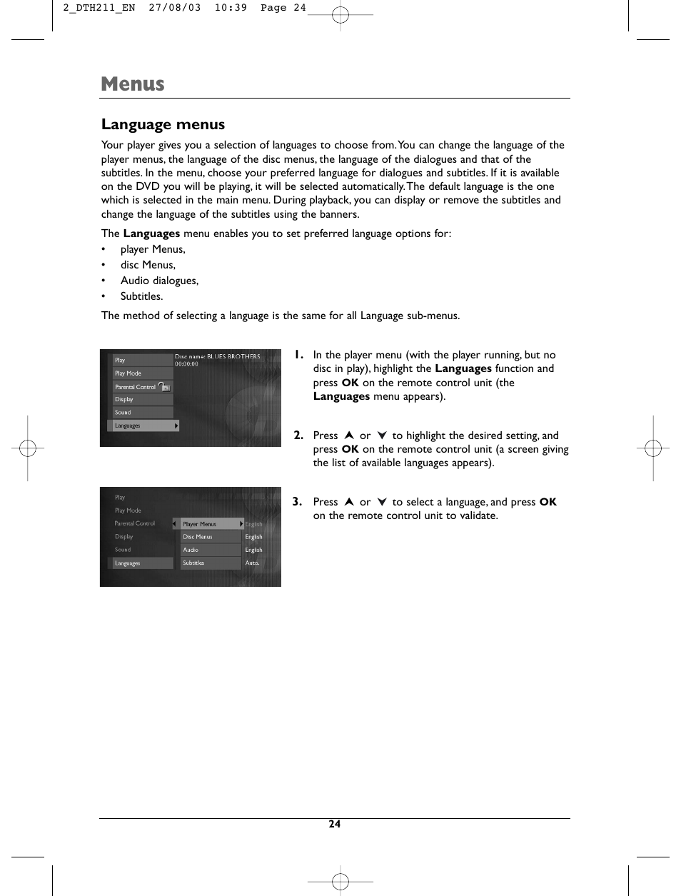 Menus, Language menus | Technicolor - Thomson DTH211 User Manual | Page 24 / 29