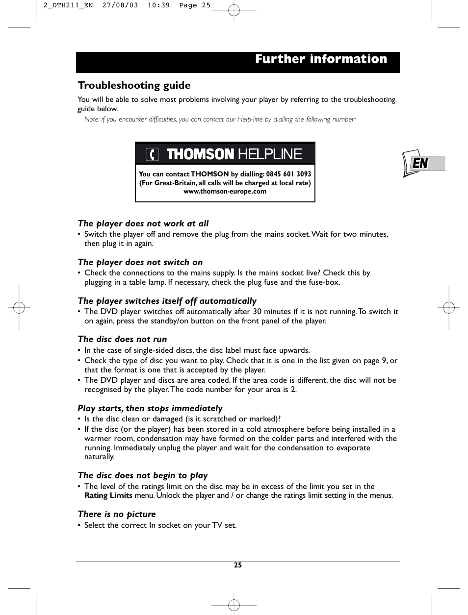 Further information, Troubleshooting guide | Technicolor - Thomson DTH211 User Manual | Page 25 / 29