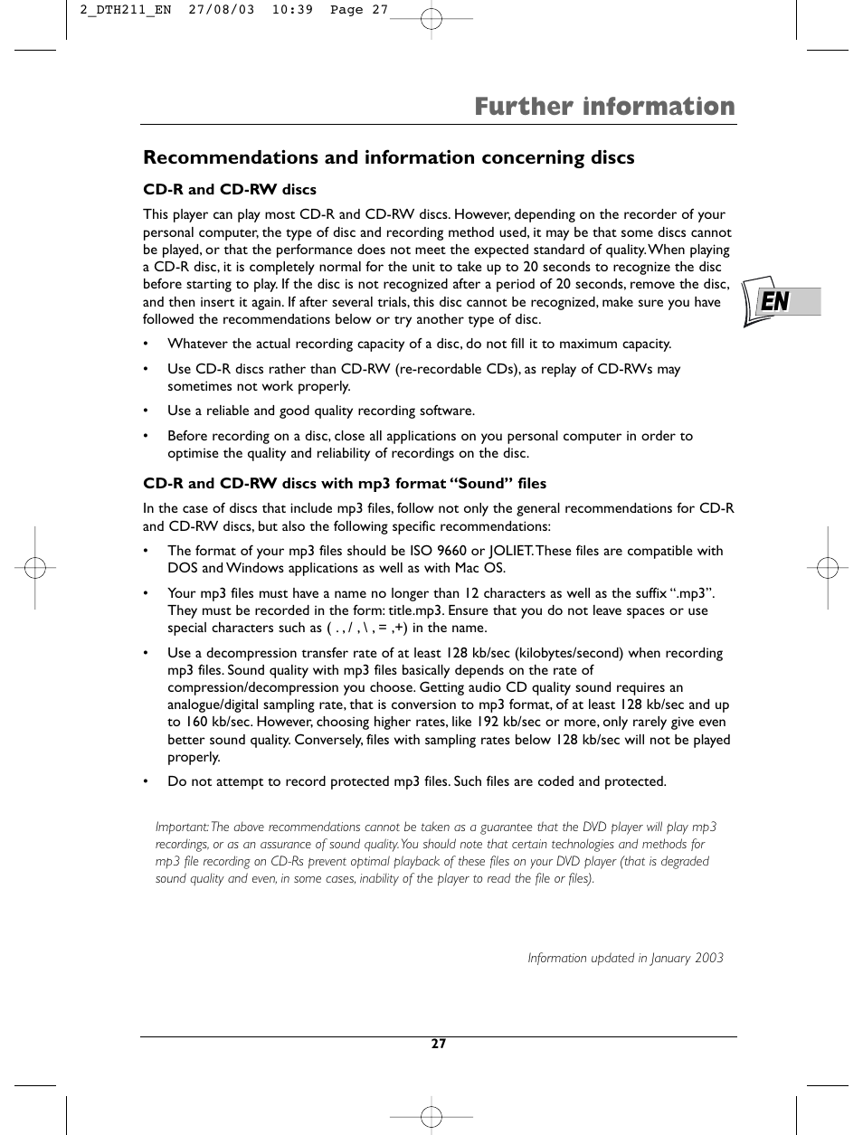 Further information, Recommendations and information concerning discs | Technicolor - Thomson DTH211 User Manual | Page 27 / 29