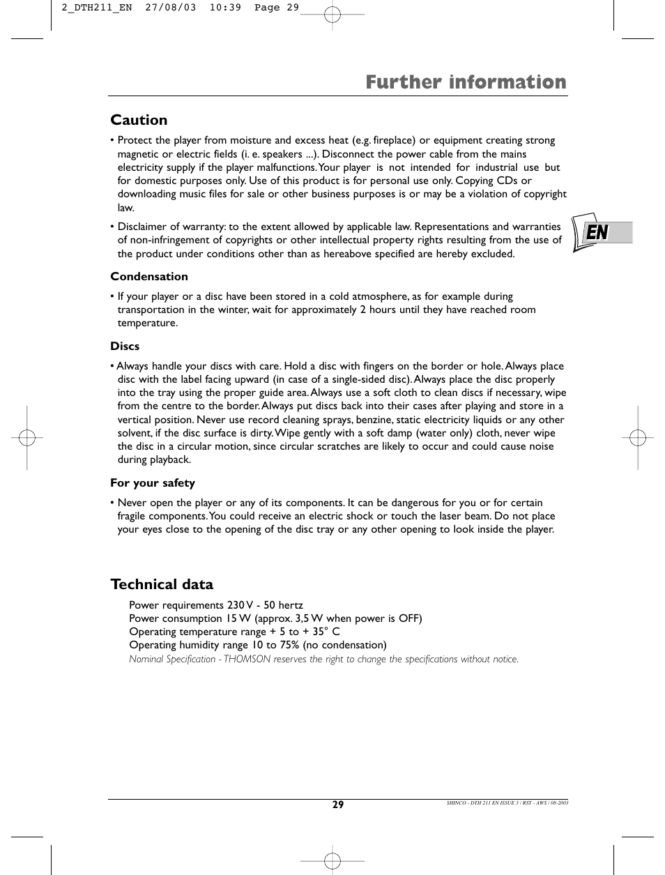 Further information, Caution, Technical data | Technicolor - Thomson DTH211 User Manual | Page 29 / 29