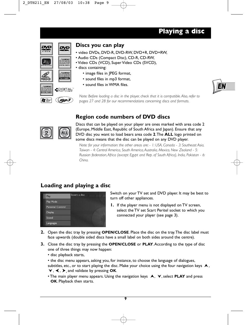 Playing a disc, Discs you can play, Region code numbers of dvd discs | Loading and playing a disc | Technicolor - Thomson DTH211 User Manual | Page 9 / 29