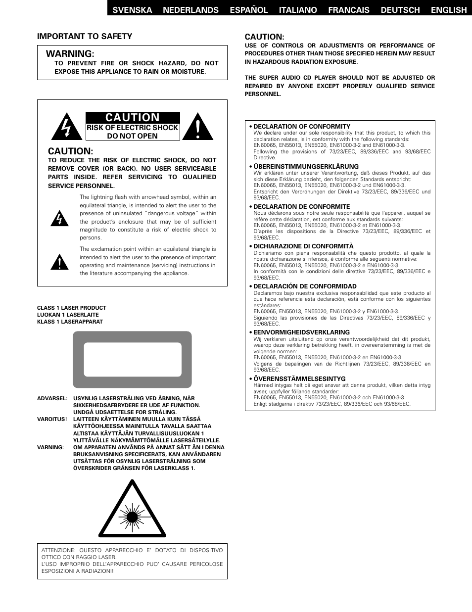 English, Caution, Class 1 laser product | Warning | Technicolor - Thomson DCD-SA1 User Manual | Page 2 / 86